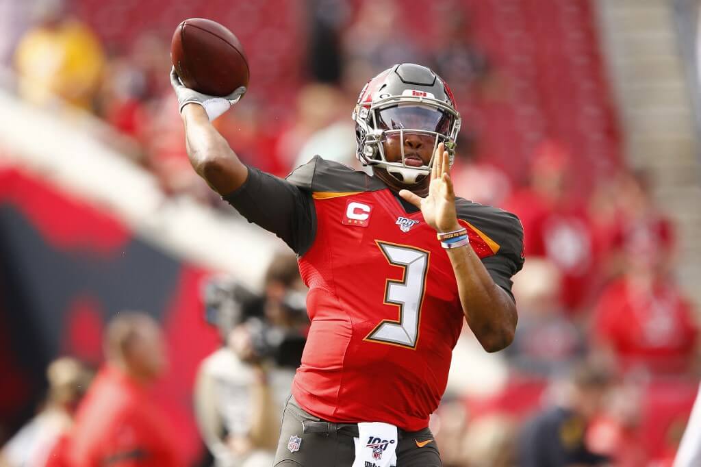 Tampa Bay Buccaneers quarterback Jameis Winston (3) warms up before an NFL  football game between the Atlanta Falcons and the Tampa Bay Buccaneers,  Sunday, Nov. 24, 2019, in Atlanta. (AP Photo/John Bazemore