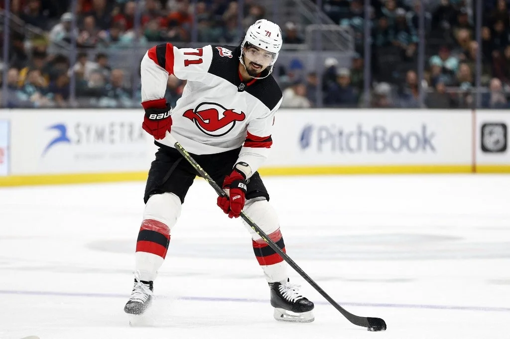 New Jersey Devils' Jonas Siegenthaler plays during an NHL hockey